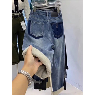 显瘦胖mm高腰直筒老爹裤 梨形身材弹力哈伦牛仔裤 女装 加绒加厚大码