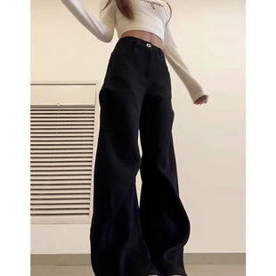 大码 女装 胖mm显瘦垂感镰刀裤 工装 子 褶皱黑色西装 弯刀阔腿拖地裤 裤