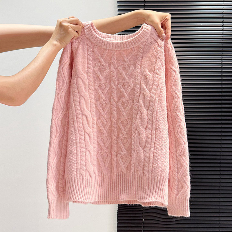 粉色麻花针织毛衣女春秋冬2026新款韩系慵懒高级感套头宽松上衣,女装/女士精品,常规大码外套,淘宝优惠券,粉丝福利购,淘宝优惠卷
