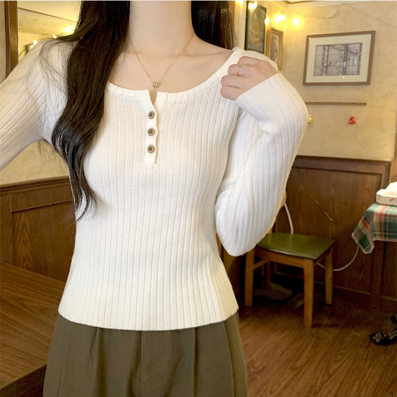 法式方领针织毛衣漏锁骨打底衫女春秋冬季肌理感修身纽扣长袖上衣,女装/女士精品,大码内搭,淘宝优惠券,粉丝福利购,淘宝优惠卷