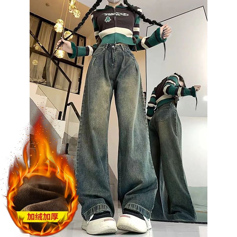 复古加绒直筒牛仔裤女2025年新款