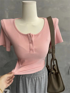 低胸锁骨紧身修身 体夏季 纯欲性感上衣 T恤女短款 粉色深大u领口短袖