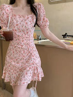 Sweet and spicy pink floral square-neck dress for women, a new summer style with a niche design. It has a slimming waist and a stylish short skirt thumbnail 5