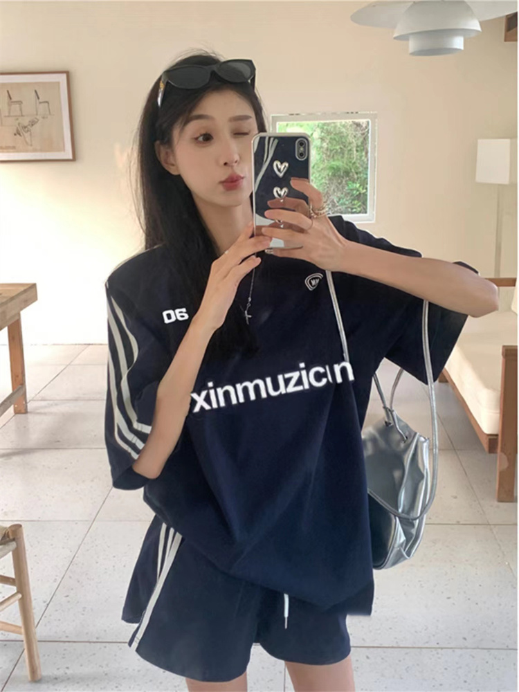 短袖运动套装女休闲时尚学生宽松美式字母印花盐系炸街短裤跑步服