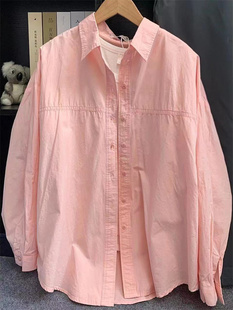 款 设计感小众上衣宽松长袖 女2024夏季 粉色纯棉衬衫 衬衣防晒衣外套