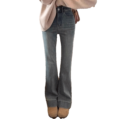 加长欧美高腰浅色微喇叭牛仔裤女