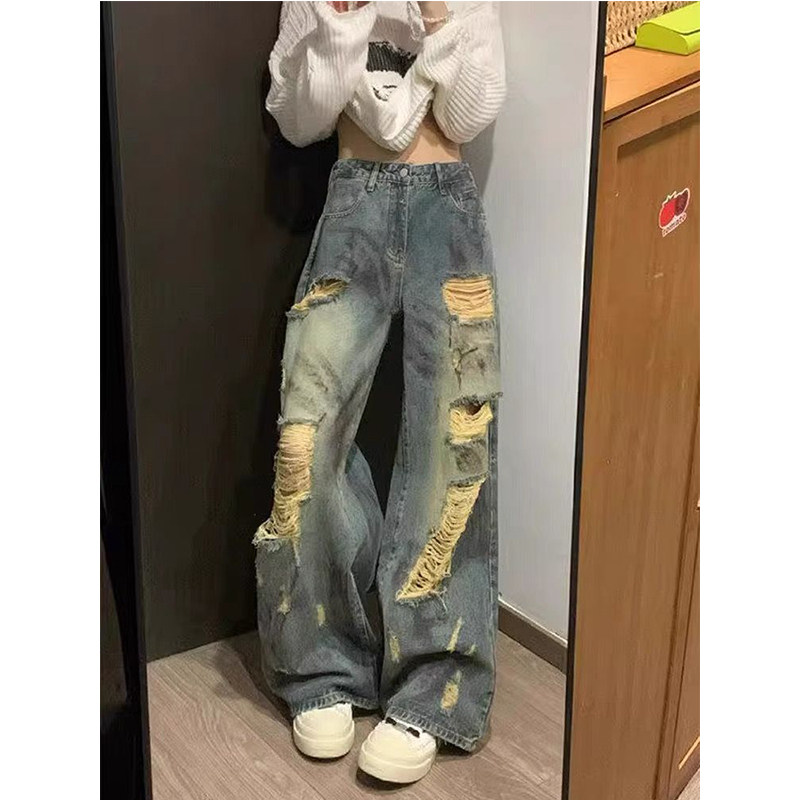 美式高街破洞牛仔裤子女2026春夏设计感复古宽松bf慵懒风阔腿长裤,女装/女士精品,大码裤装,淘宝优惠券,粉丝福利购,淘宝优惠卷