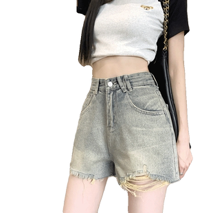 宽松薄款牛仔裤小个子美式裤子新款高腰破洞短裤女款夏季阔腿热裤