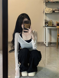 T恤夏季 多巴胺套裝 女V領薄款 罩衫 兩件套 小眾內搭掛脖背心上衣時尚