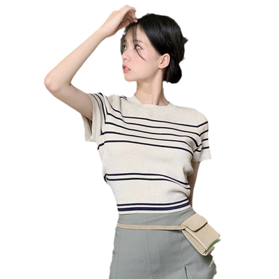 设计感小众条纹短袖针织衫女夏季新款别致修身显瘦辣妹短款上衣潮