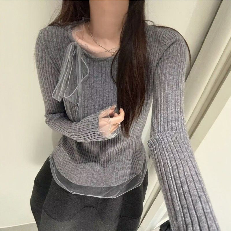 蕾丝拼接下摆蝴蝶结巨好看针织打底衫内搭毛衣春秋长袖修身上衣女,女装/女士精品,常规大码外套,淘宝优惠券,粉丝福利购,淘宝优惠卷