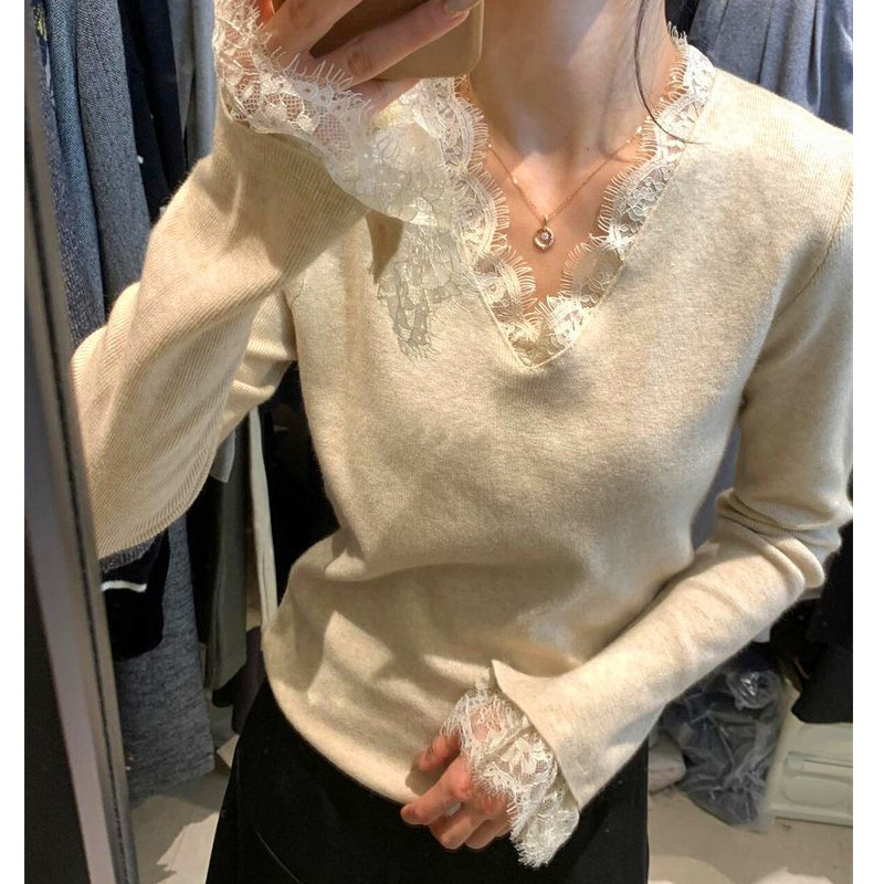 绝美法式气质蕾丝v领打底衫女春秋喇叭袖上衣高级感针织毛衣内搭,女装/女士精品,大码内搭,淘宝优惠券,粉丝福利购,淘宝优惠卷