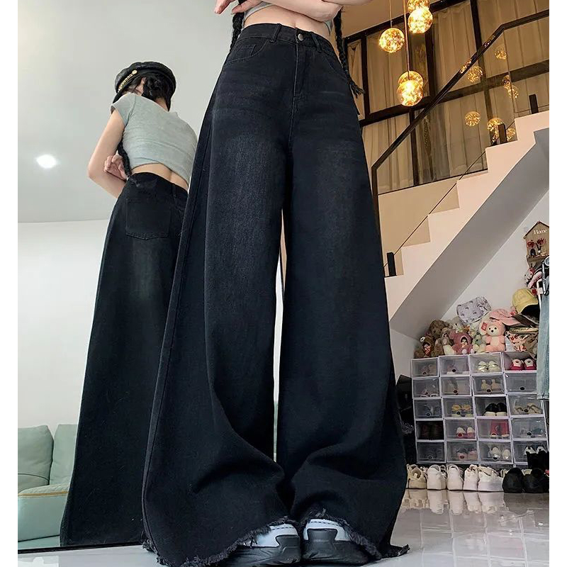 黑灰色阔腿牛仔裤女2025年新款春秋复古高腰大裤脚宽松毛边拖地裤