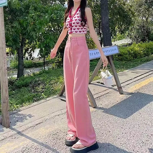 粉色阔腿牛仔裤女直筒
