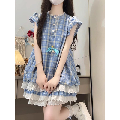 法式复古蓝格子小飞袖连衣裙女夏