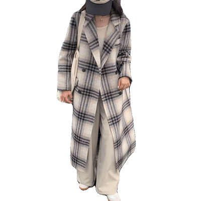 高级感韩系格子双面羊绒大衣女