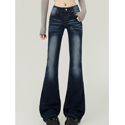 加绒深蓝色微喇牛仔裤女秋冬新款美式复古辣妹弹力修身低腰喇叭裤