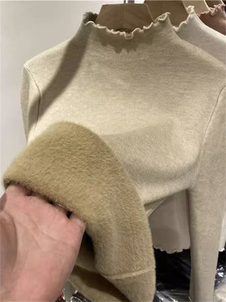秋冬内搭打底衫木耳边半高领针织长袖T恤女加绒加厚磨毛保暖上衣