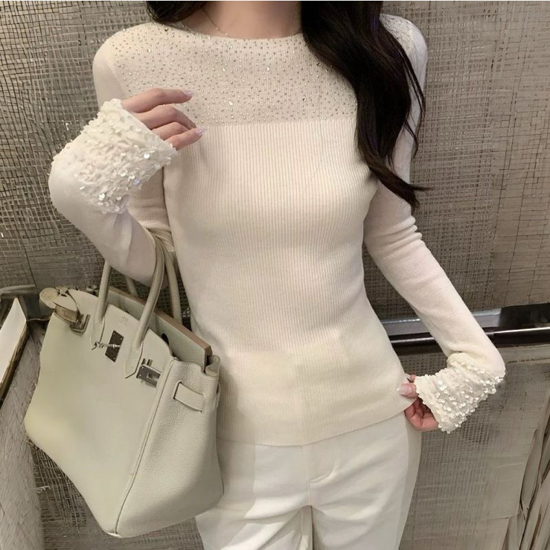 法式烫钻白色针织打底衫女秋冬修身气质毛衣轻奢高级感内搭上衣潮,女装/女士精品,常规大码外套,淘宝优惠券,粉丝福利购,淘宝优惠卷
