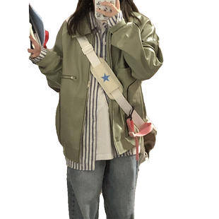 春秋薄款美式复古皮衣外套女设计感小众工装oversize棒球服秋冬季