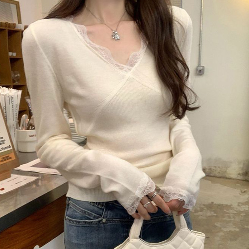 别致绝美V领蕾丝洋气打底衫女春秋高级感毛衣内搭长袖针织衫上衣,女装/女士精品,大码内搭,淘宝优惠券,粉丝福利购,淘宝优惠卷