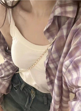 紫色格子衬衫外套女2026新款春夏季防晒大码衬衣美式复古长袖上衣