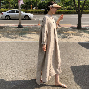 新款长袖棉麻衬衫连衣裙女过膝长款韩版宽松大码时尚休闲亚麻裙子