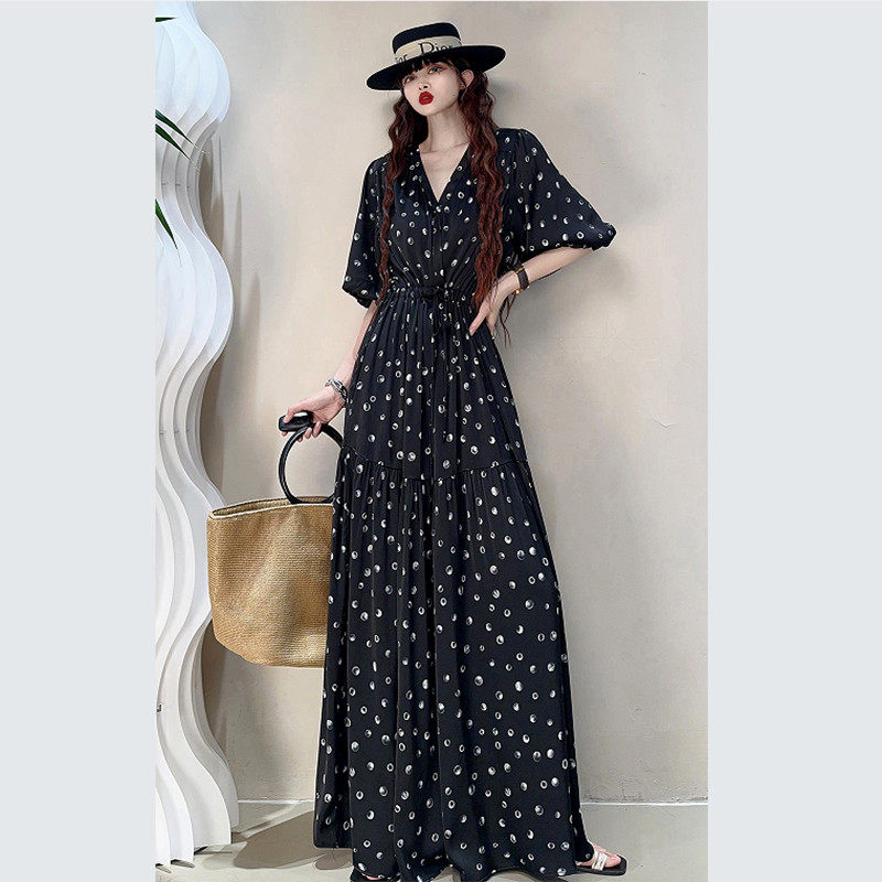 夏装新款短袖碎花连衣裙女长到裹脚雪纺印花气质百搭系带收腰裙子