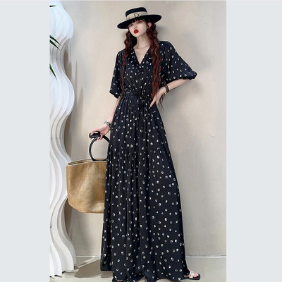 夏装雪纺碎花系带收腰连衣裙