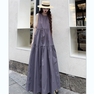 新款无袖纯棉圆领连衣裙女中长款韩版宽松大码气质显瘦休闲长裙子