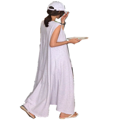 无袖过膝长款T恤连衣裙女夏装到裹脚韩版宽松大码不规则体恤裙子