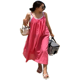 夏装棉麻吊带连衣裙女中长款韩版宽松大码学生背带亚麻细带裙子潮