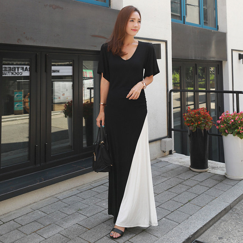 夏装新款黑白撞色莫代尔棉t恤连衣裙女中长款韩版宽松大码a字裙潮