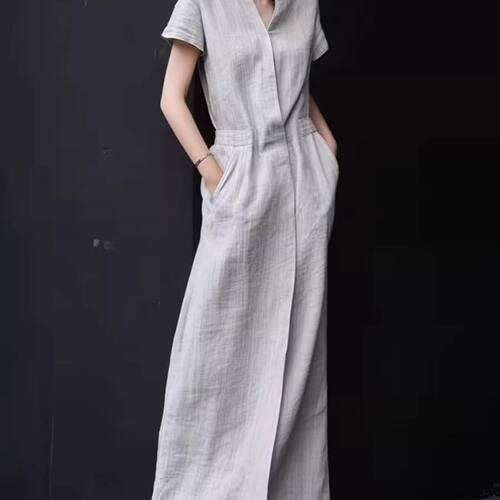 新款亚麻短袖连衣裙女中长款