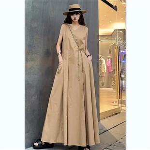 宽松大码 新款 韩版 连衣裙女中长款 气质显瘦百搭休闲卡其长裙子 无袖