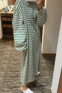 新款长袖 套头纯棉条纹T恤连衣裙女中长款韩版宽松大码休闲T恤裙