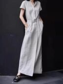 新款 短袖 棉麻衬衫 纯诗曼夏装 连衣裙女气质灰色亚麻长款 名媛裙子潮