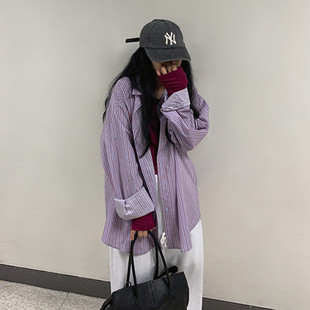 夏装新款韩系纯棉条纹衬衫女宽松长袖显瘦慵懒休闲衬衣防晒衣外套