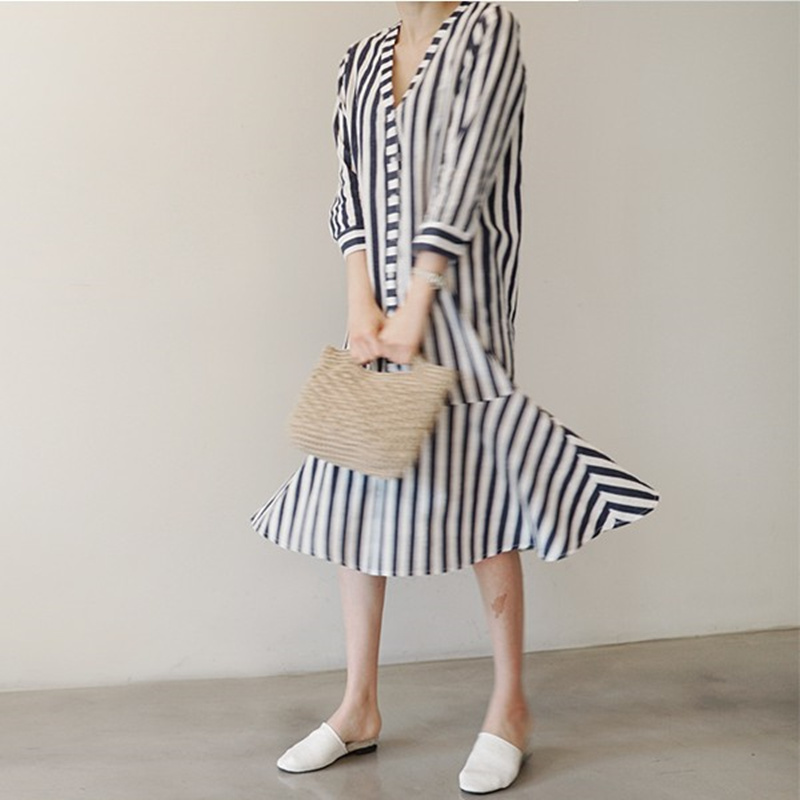 条纹韩版宽松大码领荷叶边连衣裙