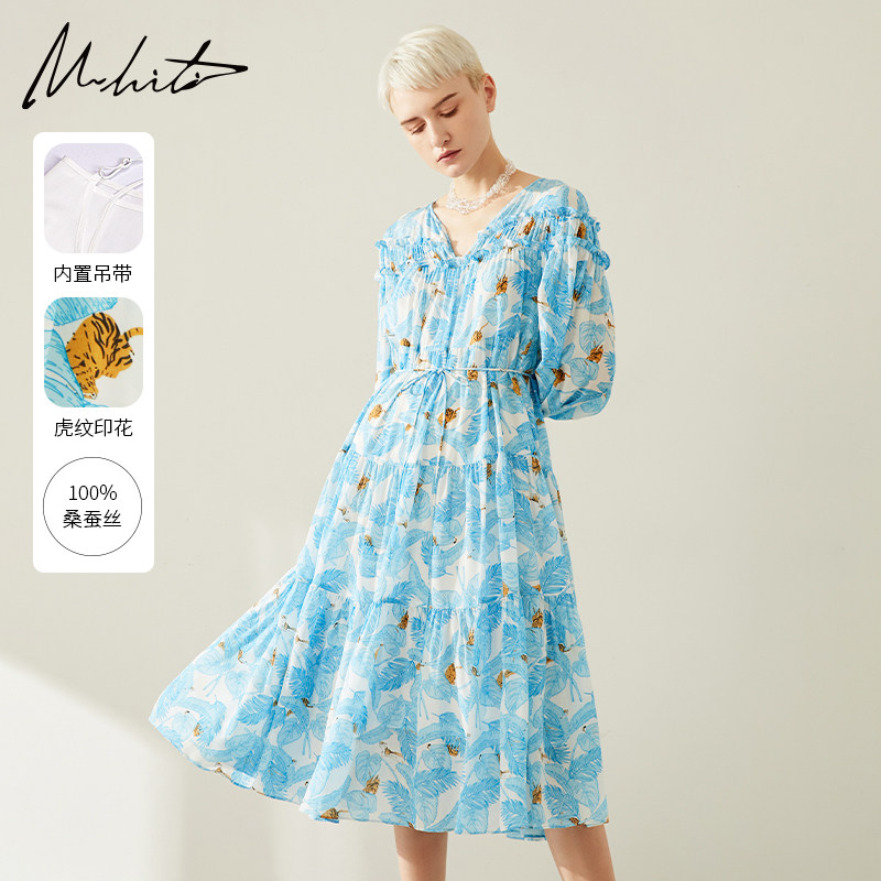 Mhiti重磅桑蚕丝V领连衣裙锡瑅春季新品度假风印花裙子H1L637L