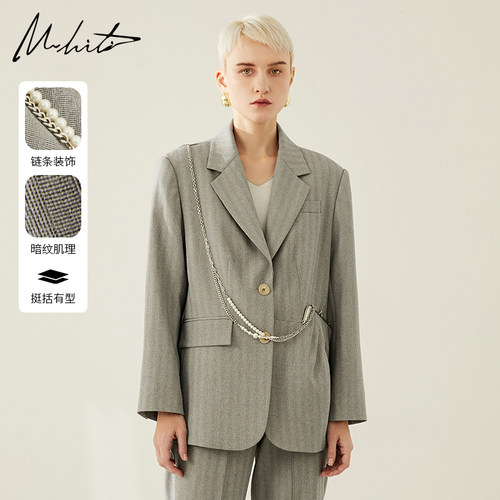 Mhiti复古长袖珍珠链条西装外套