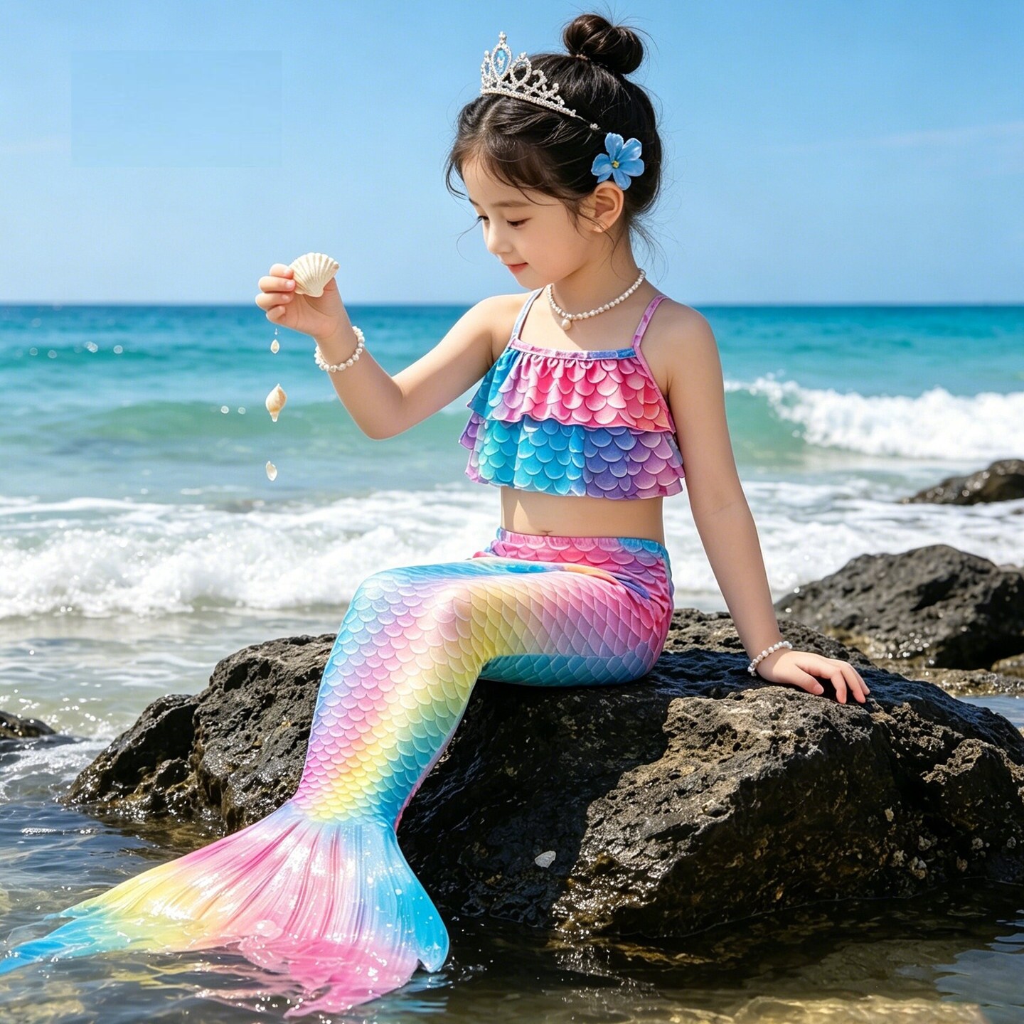 儿童美人鱼尾巴泳衣夏季2026大中小女童公主裙比基尼分体温泉泳装