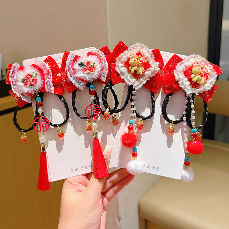 2026新年儿童头饰女童红色喜庆拜年发夹中国风宝宝假发辫过年发饰