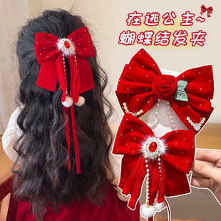 儿童过年汉服头饰女童蝴蝶结发夹中国风宝宝新年大红色拜年服发饰