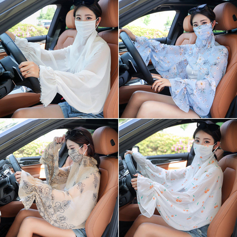 防晒披肩袖套一体女薄款开车骑车防紫外线斗篷面纱护颈夏季防晒衣