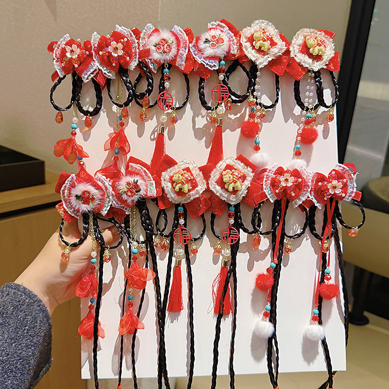 儿童发夹新年红色假发辫子女童头饰宝宝古风流苏喜庆可爱过年发饰