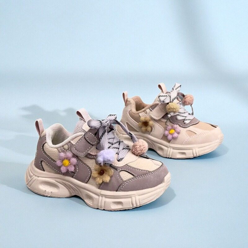 德尔惠童鞋2025冬季二棉女童花朵装饰运动鞋老爹鞋防滑软底百搭