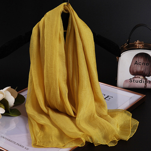 时尚真丝围巾舞蹈纱巾飘逸有垂感雪纺蚕丝丝巾长条护颈围脖亮黄色