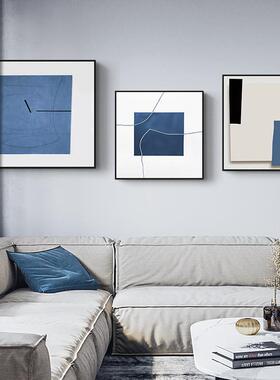 现代简约抽象蓝色客厅装饰画正方形壁画北欧风沙发背景墙三联挂画