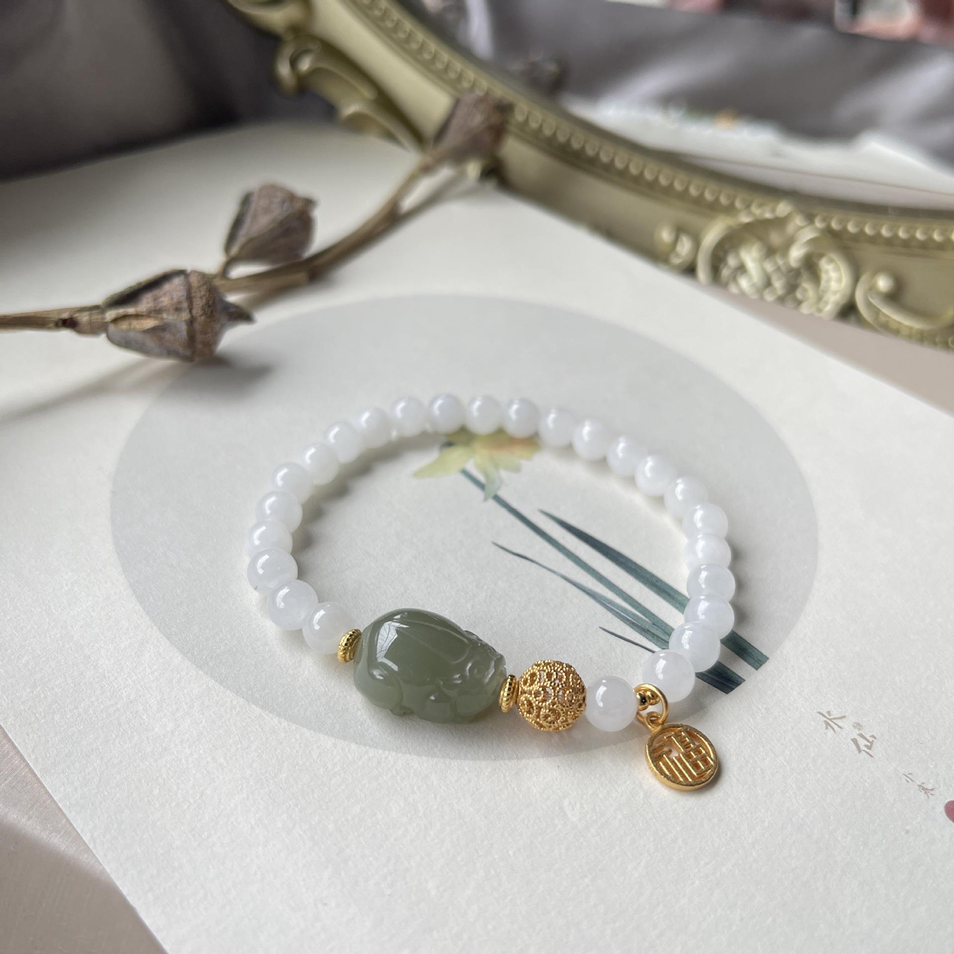 天然和田玉手链青玉貔貅玉石手串S925银福牌中国风复古风汉服配饰